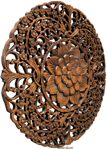 Oriental Round Carved Wood Wall Decor Decorative Floral Wall Plaques Asiana Home Decor