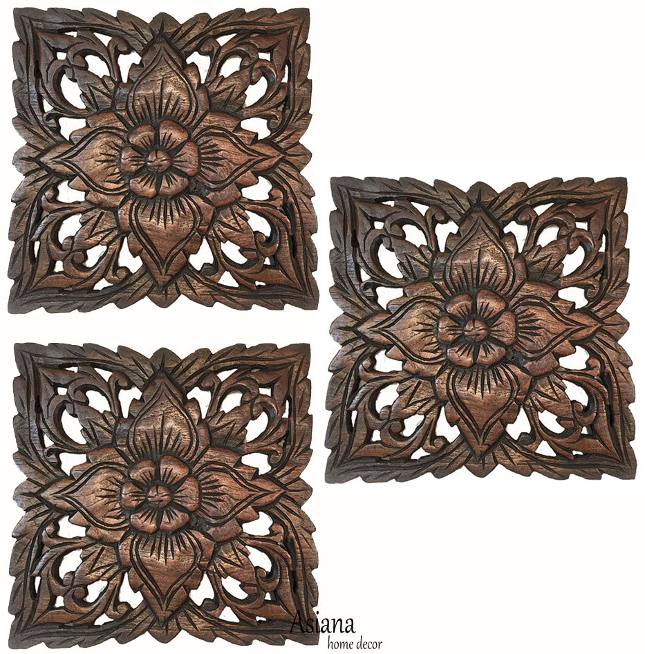 Wood Carved Wall Plaque. Decorative Wood Panels. Rustic Wood Wall Decor. Dark Brown. Size 9.5" Set of 3 Design Options Available